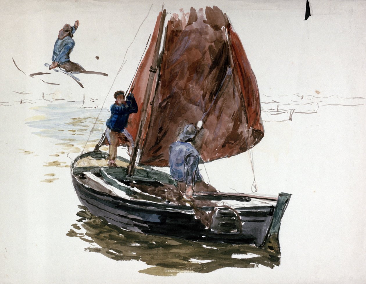 Un hombre y un niño a bordo de un pequeño velero. Acuarela de William Lionel Wyllie