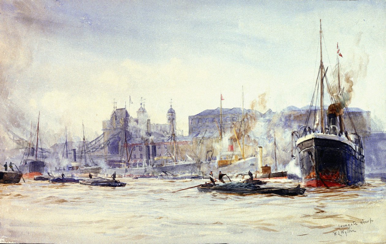 Escena de actividad a lo largo del muelle de Irongate, en el Támesis (Inglaterra), con el Tower Bridge a lo lejos. de William Lionel Wyllie