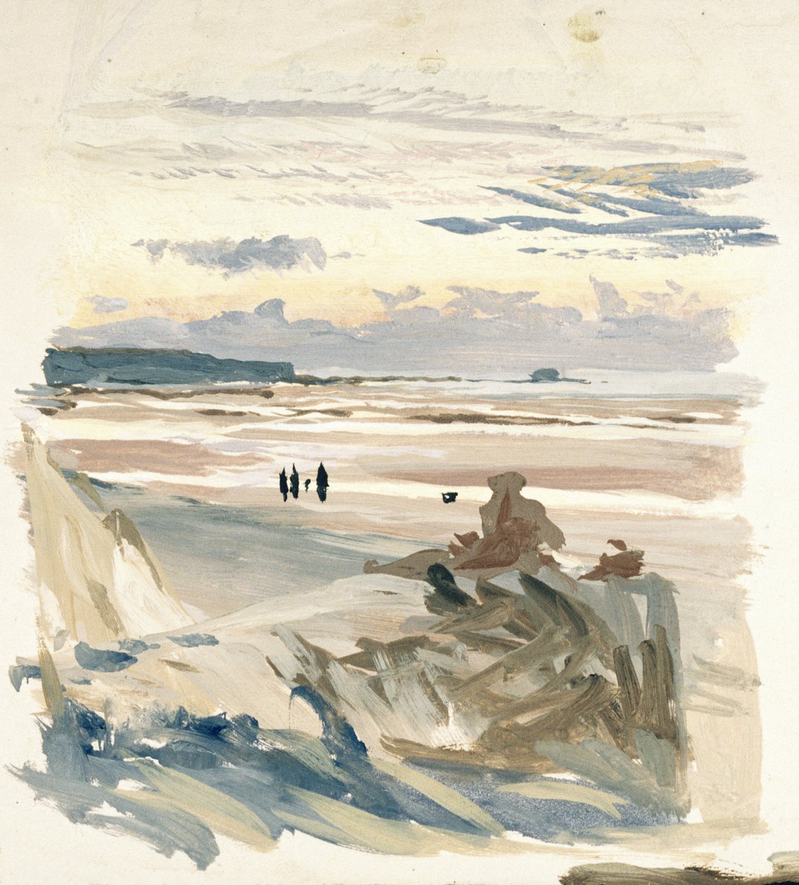 Personajes en la playa, probablemente en Amble( Francia), con la silueta del Fuerte Vauban a la luz del crepúsculo. de William Lionel Wyllie