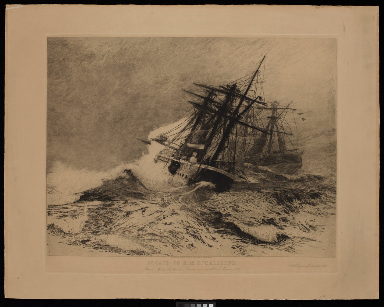 Escape del H.M.S. Calliope del puerto de Apia, Samoa, el 16 de marzo de 1889 (grabado) de William Lionel Wyllie