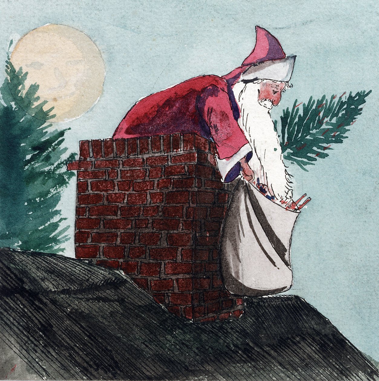 Papá Noel, bajando por una chimenea, arrastrando una bolsa llena de juguetes y un árbol de Navidad. Acuarela, principios del siglo XX, de William Lionel Wyllie (1851-1931). de William Lionel Wyllie