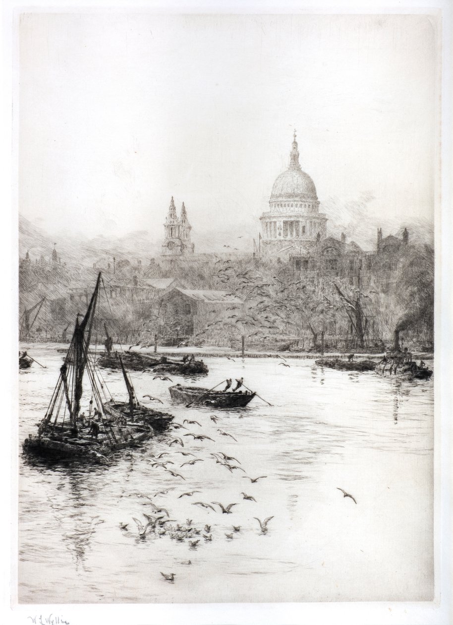 Navegación y gaviotas bajo St Pauls (acuarela) de William Lionel Wyllie