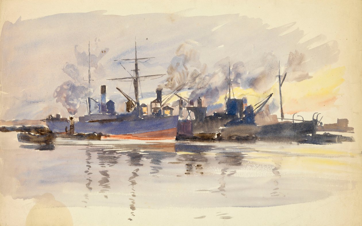 Boceto de barcos mercantes en puerto, finales del siglo XIX-principios del XX (acuarela) de William Lionel Wyllie