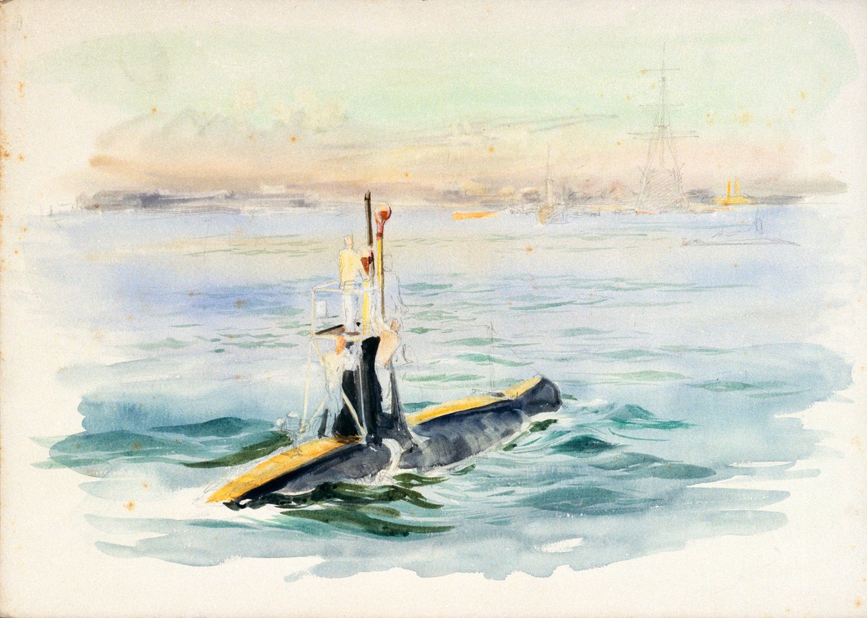 Estudio de un submarino de clase A en marcha, posiblemente en el puerto de Portsmouth, principios del siglo XX (acuarela, grafito) de William Lionel Wyllie