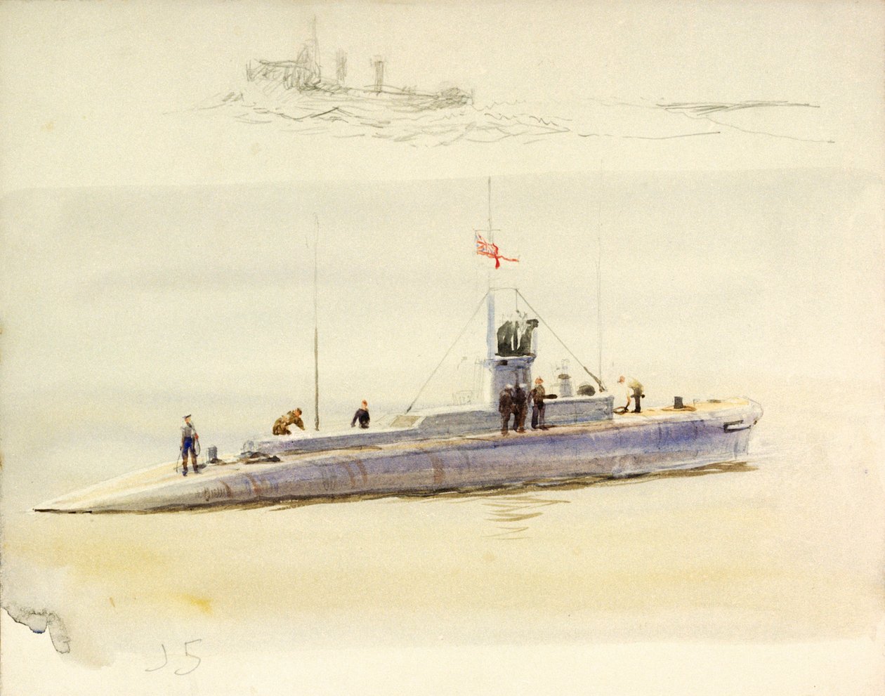 Submarino J.5 y boceto de otro buque de combate, principios del siglo XX (acuarela, grafito) de William Lionel Wyllie
