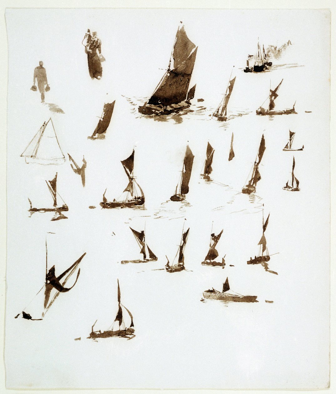 Estudios de casas flotantes en el Támesis (Inglaterra). Gouache extraído de un cuaderno, hacia 1890, de William Lionel Wyllie (1851-1931). de William Lionel Wyllie