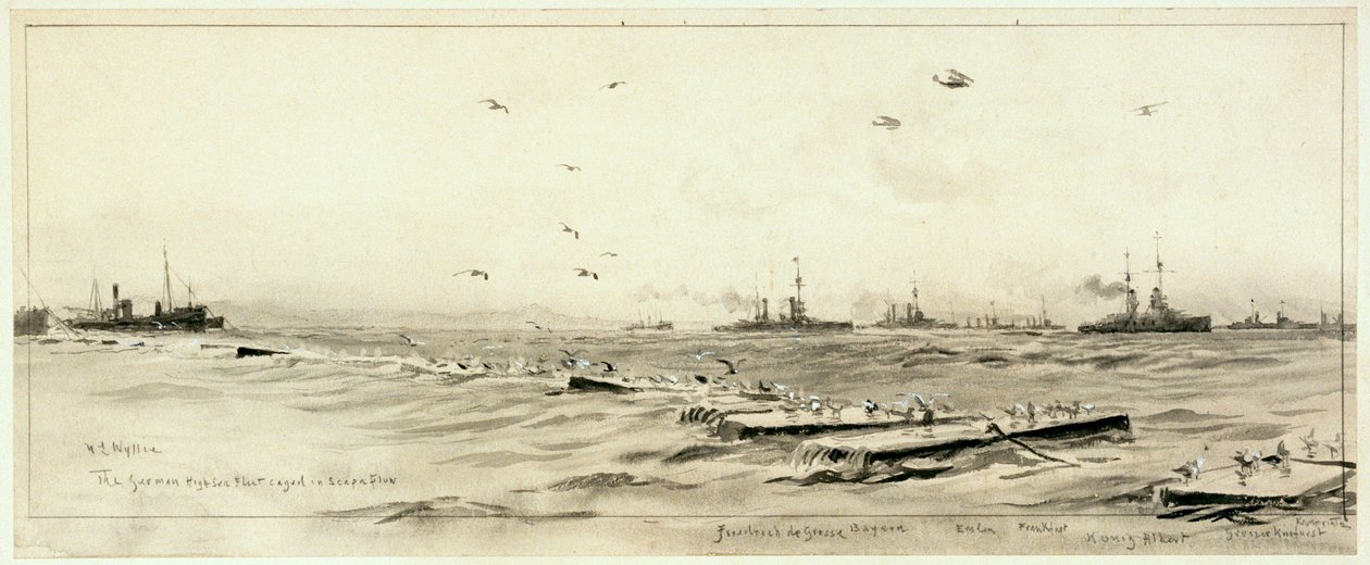 La flota alemana de alta mar enjaulada en Scapa, c.1918 (lavado, gris, realzado con blanco) de William Lionel Wyllie