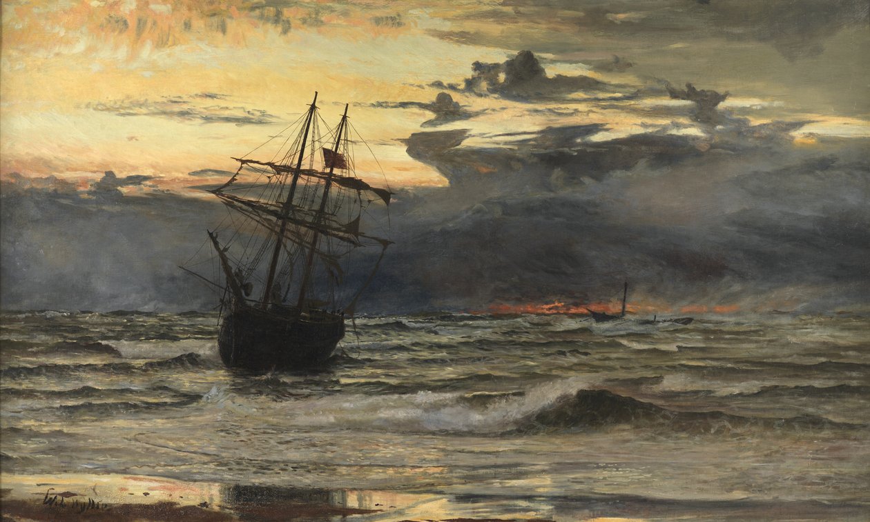 La playa después de una tormenta - Tiempo, amanecer de William Lionel Wyllie