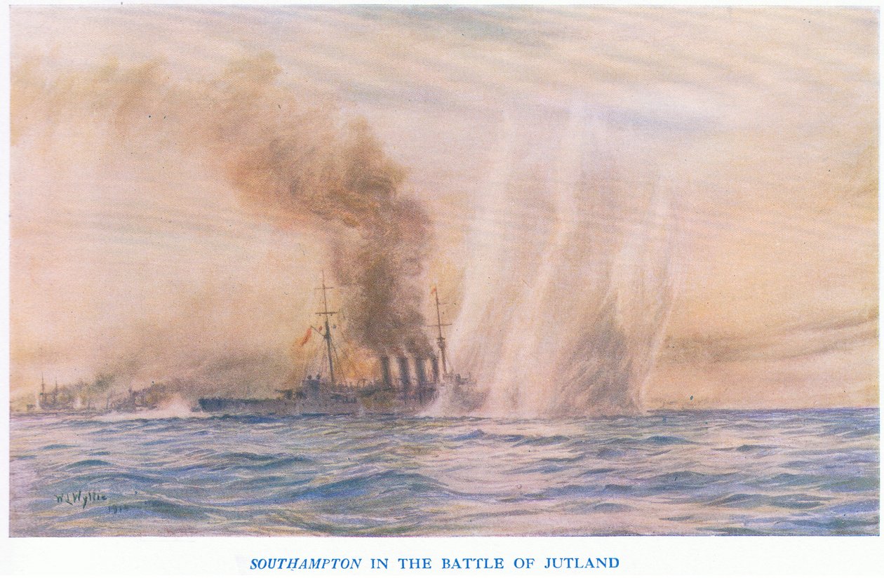 El Southampton en la batalla de Jutlandia, de Cassells History of the British People publicado por la Waverley Book Company Limited, c.1940 de William Lionel Wyllie