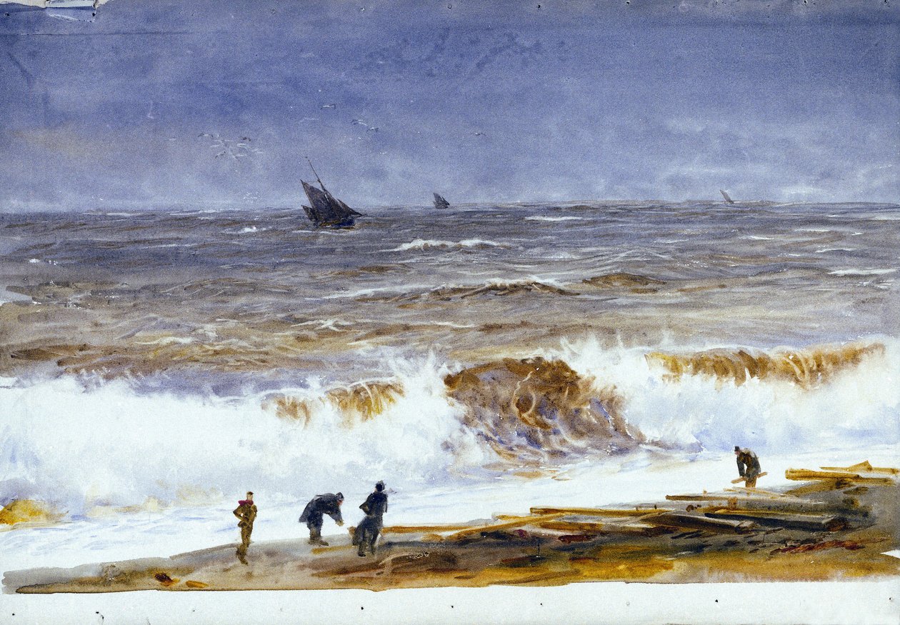 La playa de Berck sur mer (Berck-sur-Mer) (Francia), con mar turbulento y personajes en la playa. Acuarela, después de 1890, de William Lionel Wyllie (1851-1931). de William Lionel Wyllie