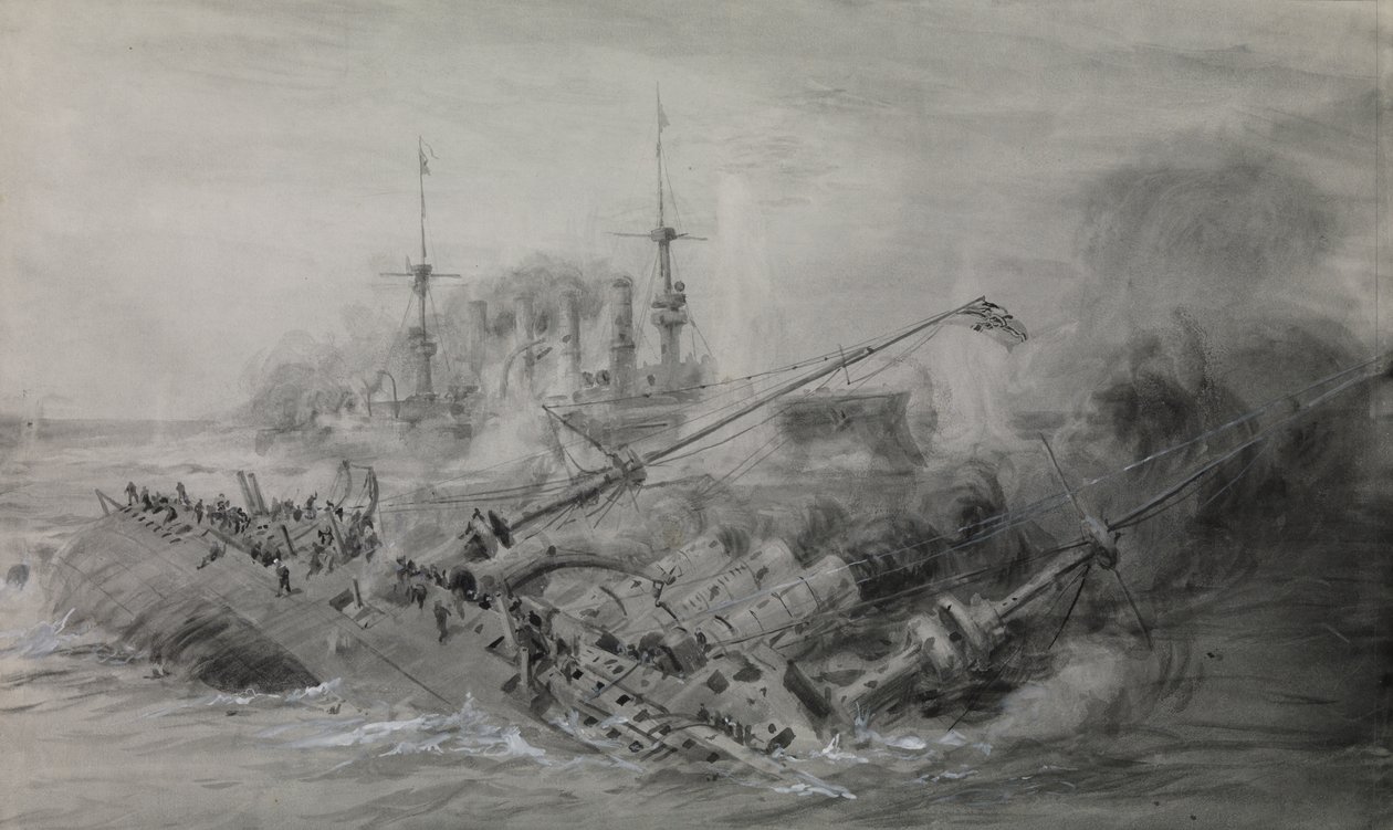 El último de los "Scharnhorst" y "Gneisenau"; la Batalla de las Islas Malvinas, 8 de diciembre de 1914, hacia las 16.15, c.1915-18 (aguada, gris, realzado con blanco) de William Lionel Wyllie
