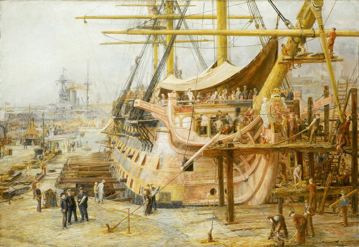 La restauración del HMS "Victory", en la dársena de los muelles de Portsmouth (Inglaterra), tras el lanzamiento de una gran operación de financiación nacional para salvar el barco de la victoria de Trafalgar (1805), el barco fue devuelto al agua en abril d de William Lionel Wyllie