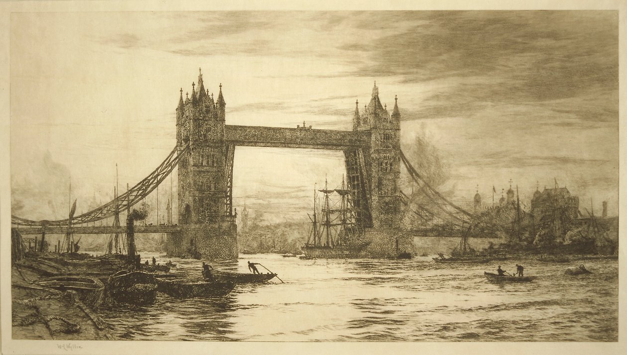 Puente de la Torre visto desde el Río Támesis, Londres, c. 1894-1931 de William Lionel Wyllie