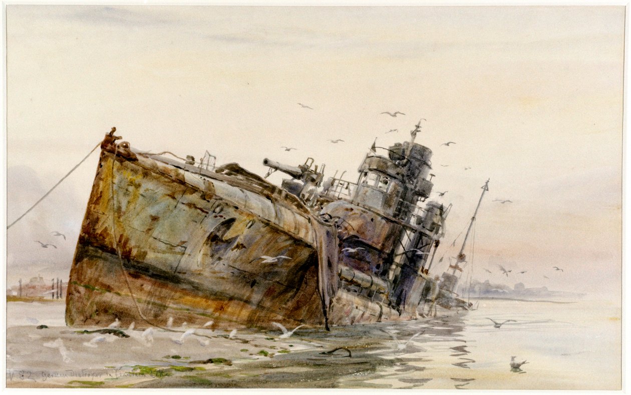 Destructor alemán V82 en el lago Fountain", c.1920-22 (acuarela) de William Lionel Wyllie
