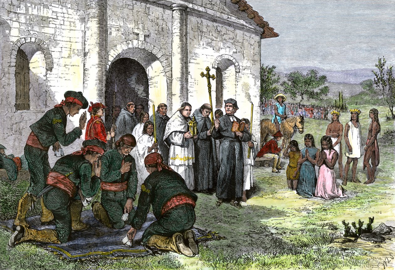 Misión española en California, con sacerdotes, soldados e indios de América rezando ante la Iglesia en el siglo XVIII de William Ludlow (after) Sheppard