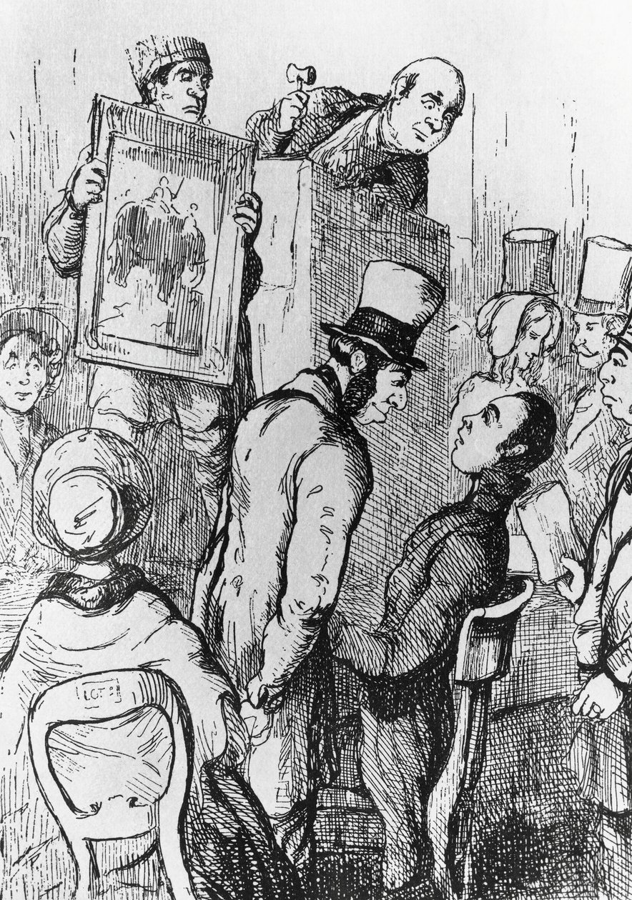 Elefante en venta, ilustración para el capítulo 17 de Vanity Fair, novela de William Makepeace Thackeray (1811-1863), grabado según dibujo de William Makepeace Thackeray (1811-1863), publicado en Chicago en 1882. de William Makepeace Thackeray