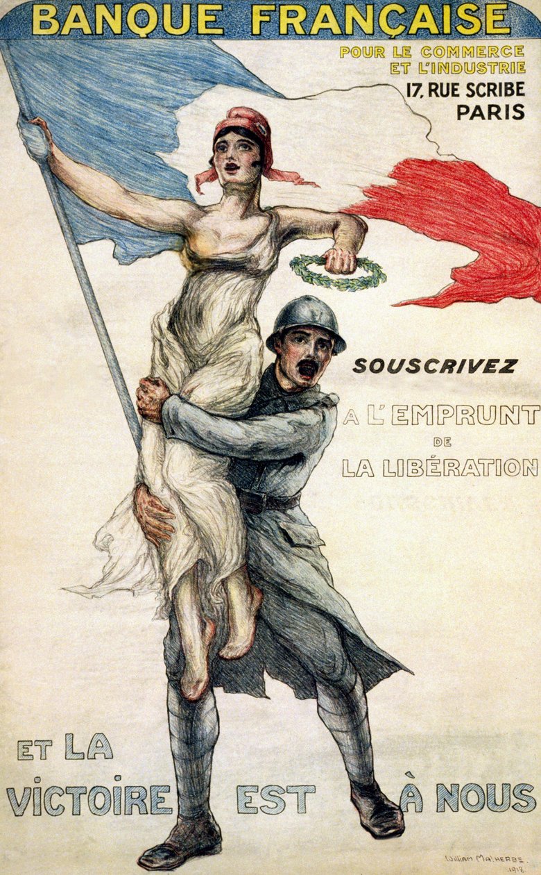 Banco Francés de Comercio e Industria. Cartel del préstamo nacional: "Abónese al Préstamo de Liberación y la Victoria es Propia" - ill. by William Malherbe de William Malherbe