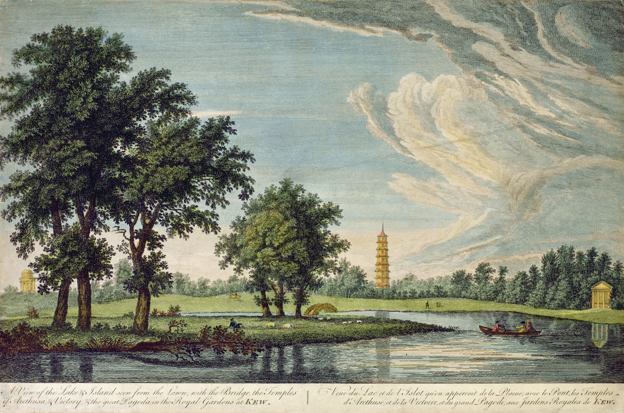Vista del lago y la isla desde el césped, con el puente, los templos de Arethusa y Victoria y la Gran Pagoda en los Jardines Reales de Kew de William Marlow