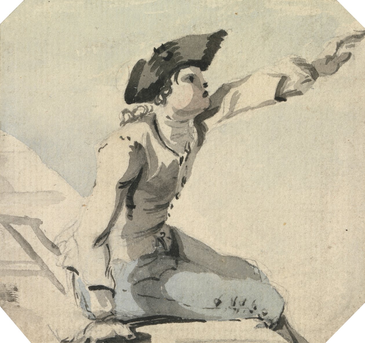 Hombre sentado en un parapeto agitando el brazo izquierdo de William Marlow
