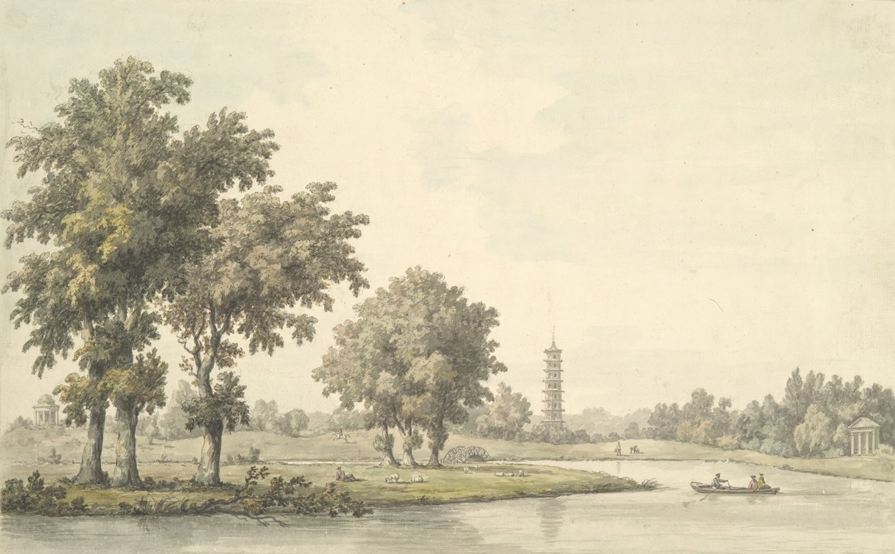 Vista del lago y la isla desde el césped en Kew, 1763 de William Marlow