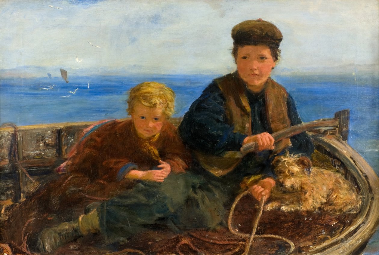 Dos niños y un perro en un bote de William McTaggart