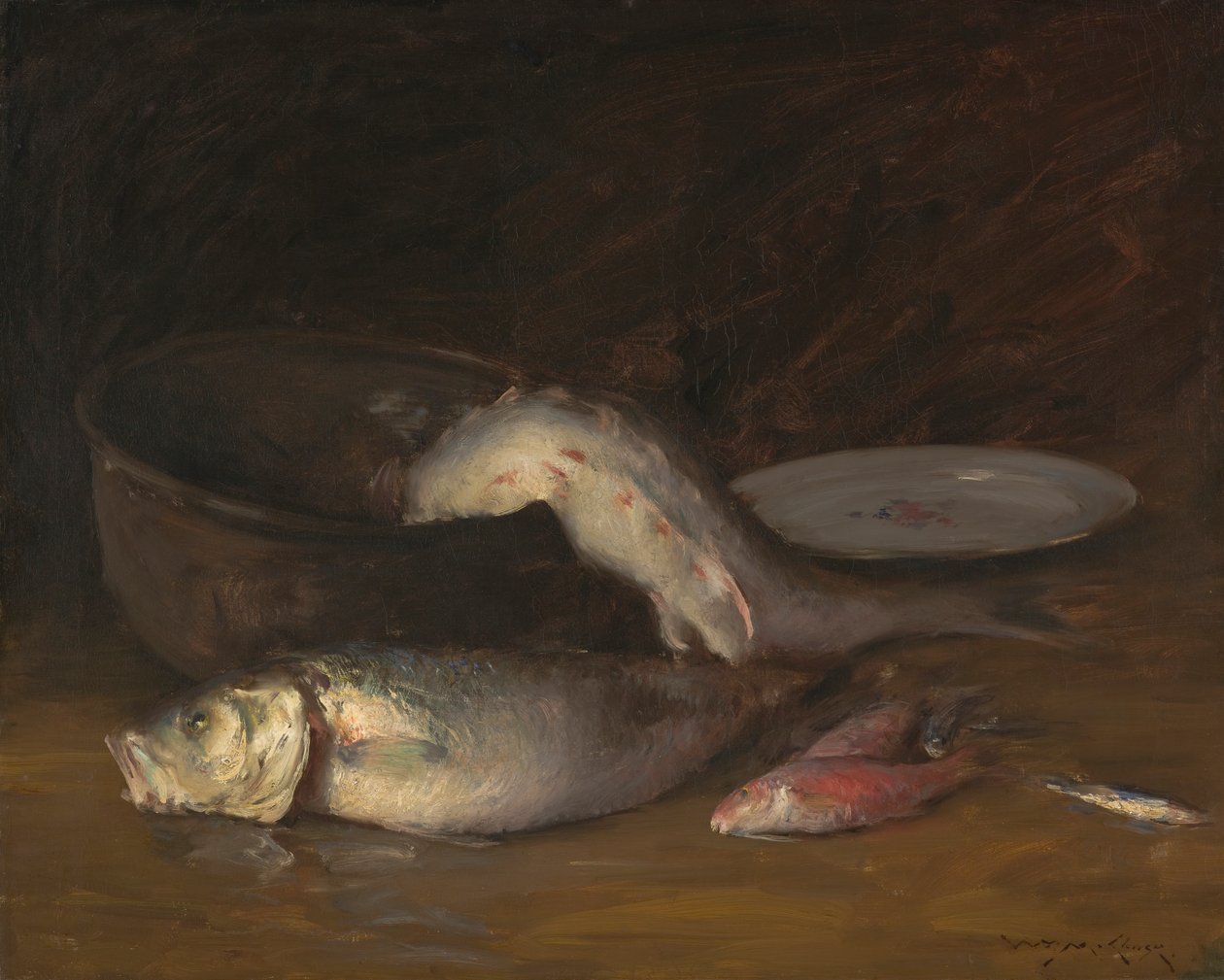Naturaleza muerta con pescado, c.1910 (óleo sobre lienzo) de William Merritt Chase