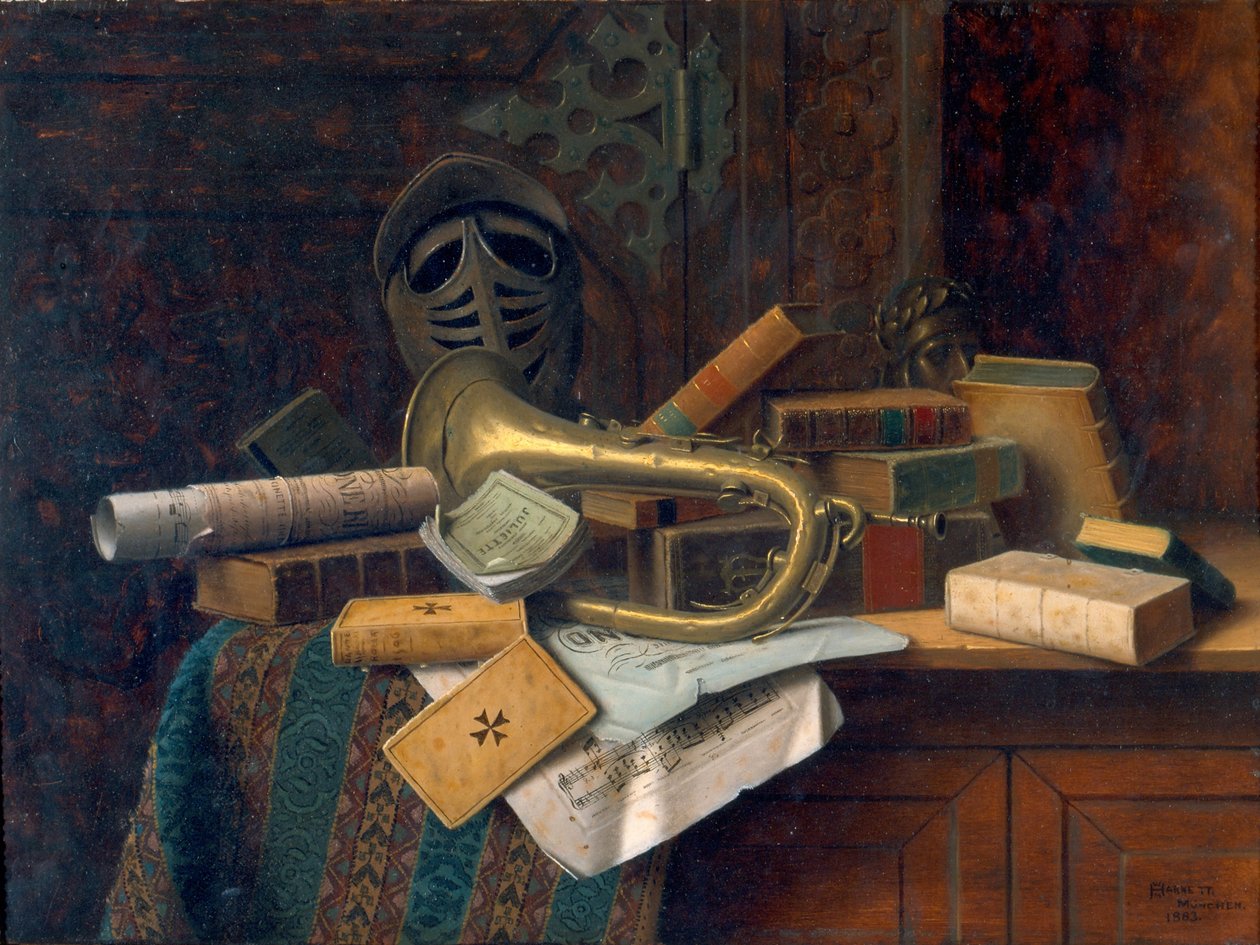 Naturaleza muerta con busto de Dante 1883 (Óleo sobre tabla) de William Michael Harnett
