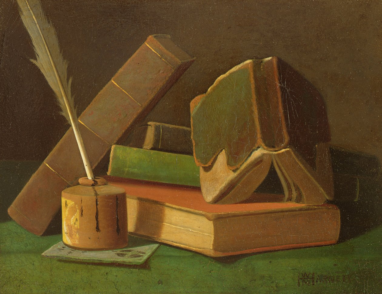 Naturaleza muerta con libros y tintero de William Michael Harnett