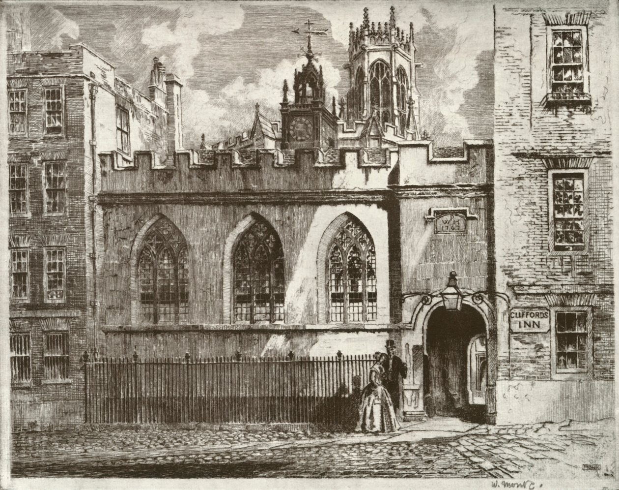 Cliffords Inn Hall y Torre del Reloj, con la Torre del Faro de St. Clement Danes al fondo, 1934 de William Monk