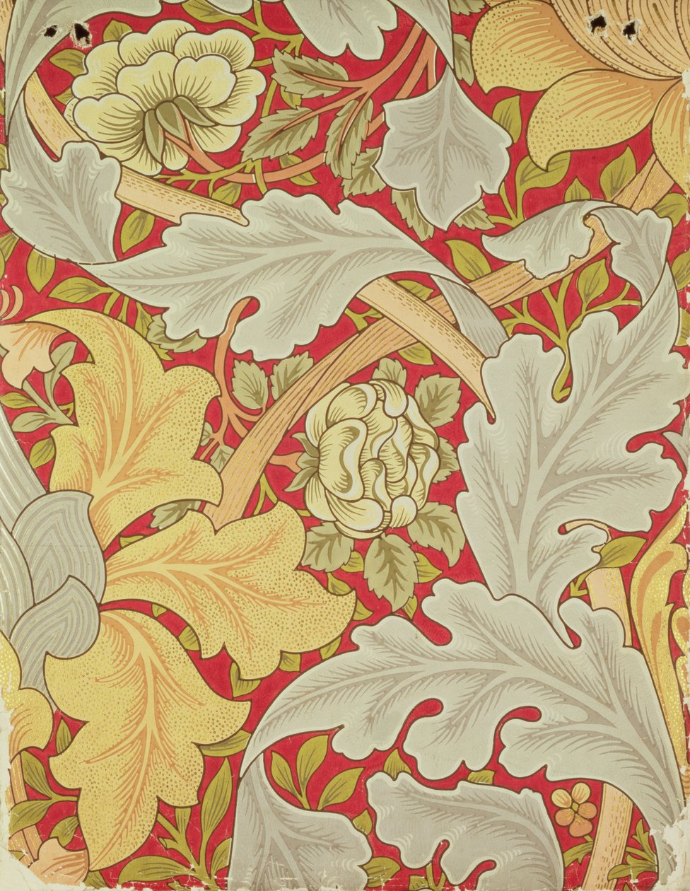 Hojas de acanto y rosa silvestre sobre un fondo carmesí, diseño de papel tapiz de William Morris