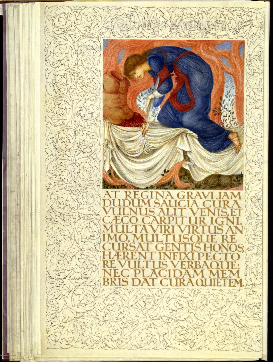 Dido apuñalándose, apertura del Libro IV de la "Eneida" de Virgilio de William Morris