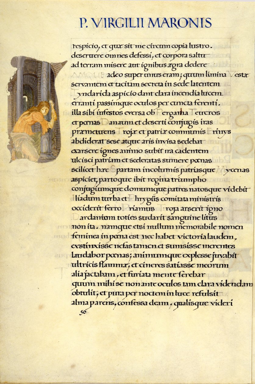 Helena escondiéndose en el Templo de Vesta, página 50 de la "Eneida" de Virgilio de William Morris
