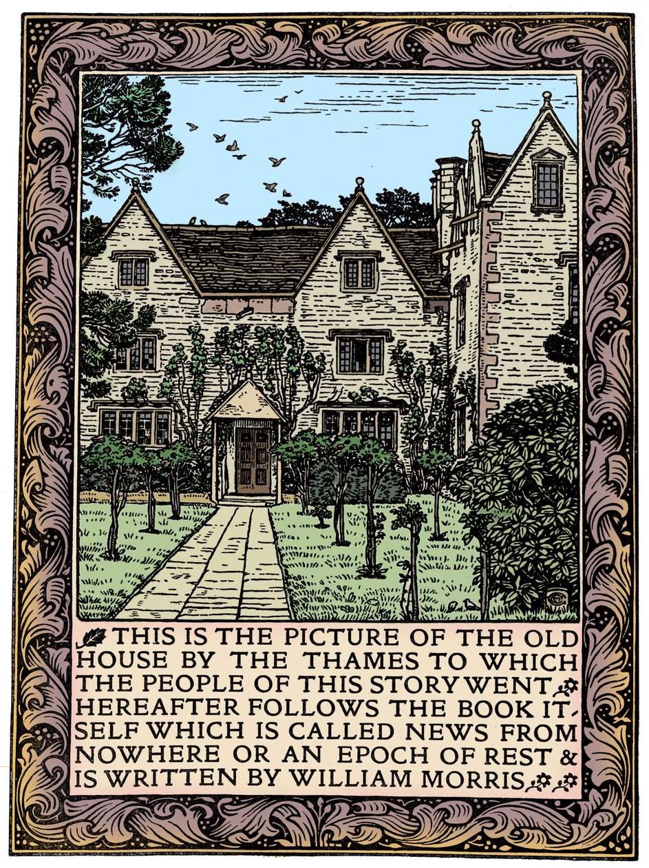 Kelmscott Manor, Gloucestershire, frontispicio de Noticias de Ninguna Parte, c. 1892-1901 de William Morris