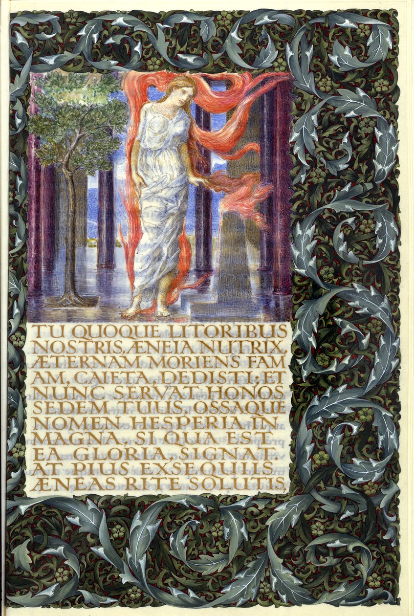 Lavinia, apertura del Libro IV de la Eneida de Virgilio (acuarela sobre vitela) de William Morris