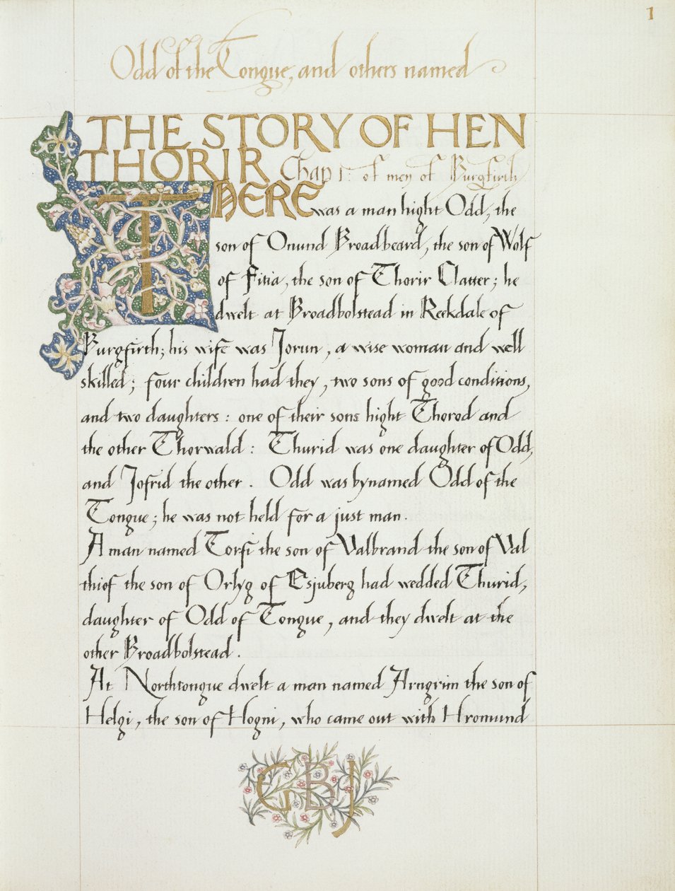 Ms 270* f.1r La historia de Hen Thorir, c.1873-4 de William Morris