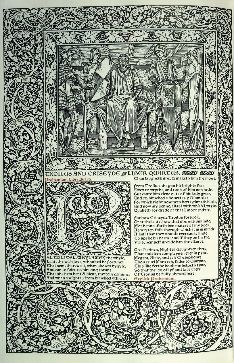Escena de "Troilo y Crésida", inicial historiada "B", manuscrito con borde de página completa, 1896 de William Morris