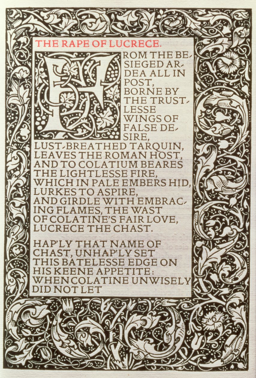 La violación de Lucrecia, de "The Poems of William Shakespeare" publicado por Kelmscott Press de William Morris