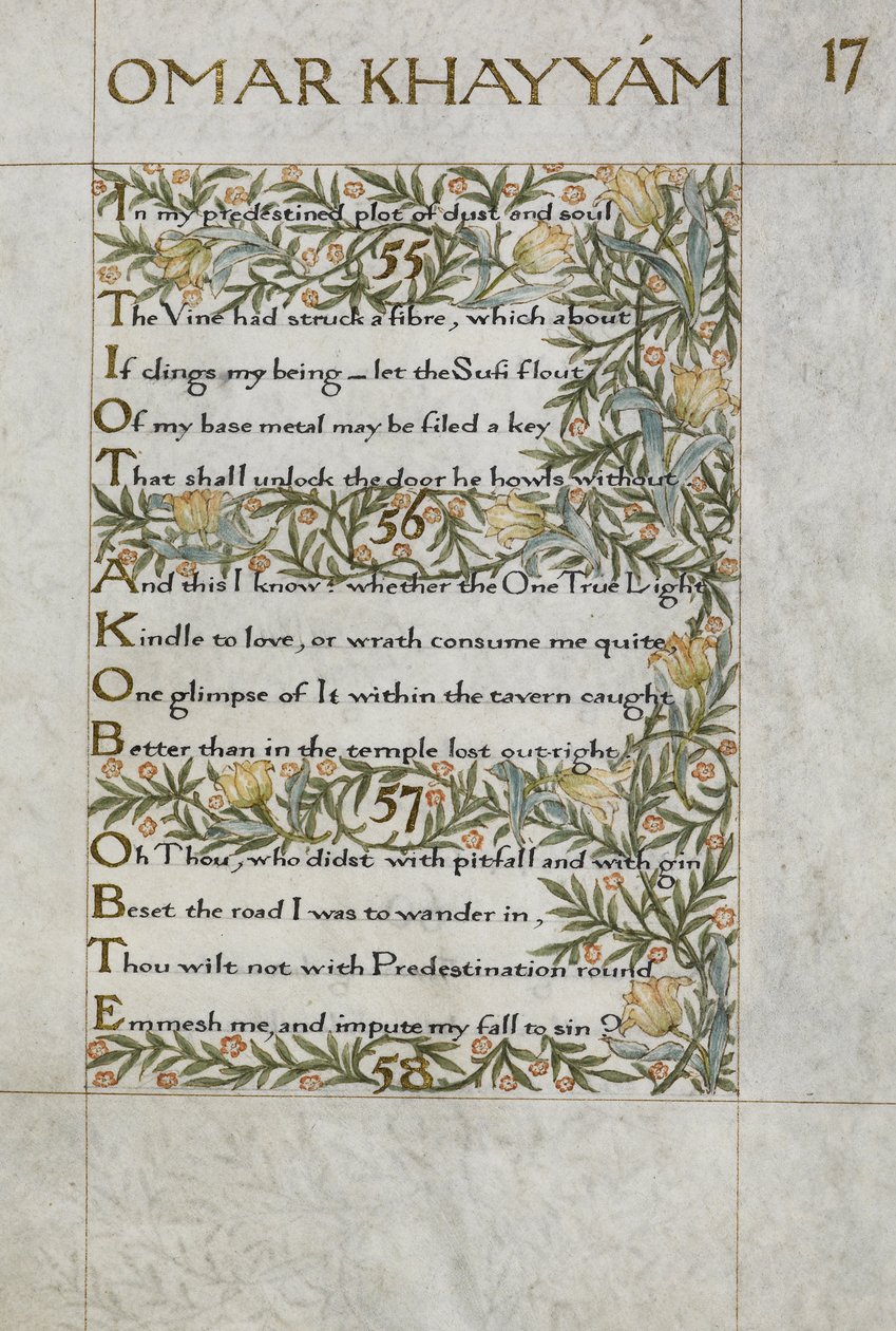 El Rubaiyat de Omar Khayyam; versos 55 - 57. Caligrafiado y decorado por William Morris, con bordes de follaje y flores. de William Morris