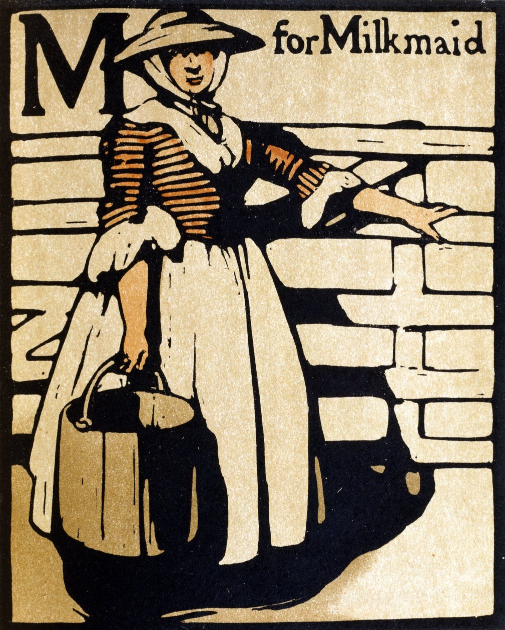 M de Milkmaid, ilustración de "An Alphabet", publicado por William Heinemann de William Nicholson