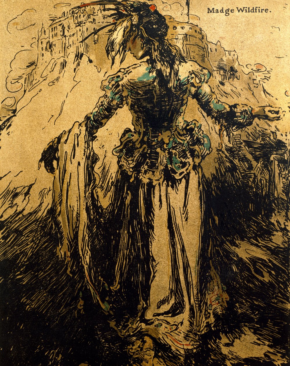 Madge Wildfire, ilustración de "Characters of Romance", publicada por primera vez en 1900 (litografía en color) de William Nicholson