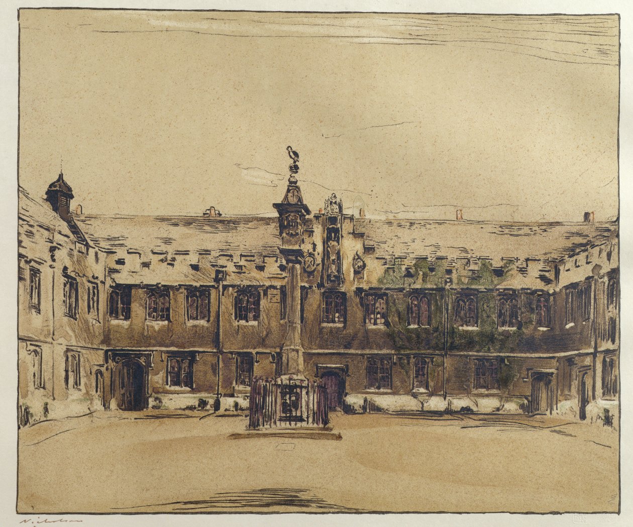 The Front Quad of Corpus Christi College, Oxford (pluma y tinta con aguada sobre papel) de William Nicholson