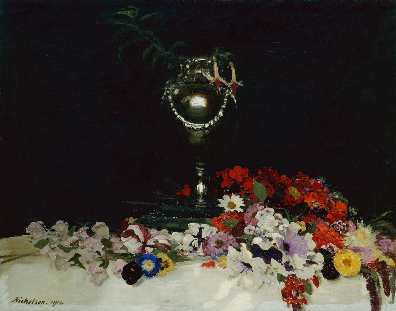 Urna y flores sobre una mesa de William Nicholson