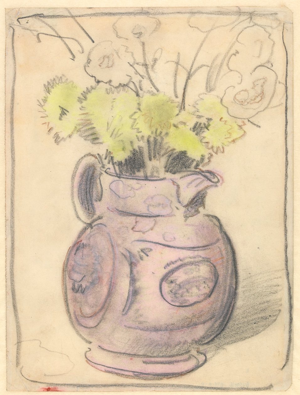 Jarrón de flores: crisantemos amarillos en una jarra de lustre (tizas negras y de color sobre papel) de William Nicholson