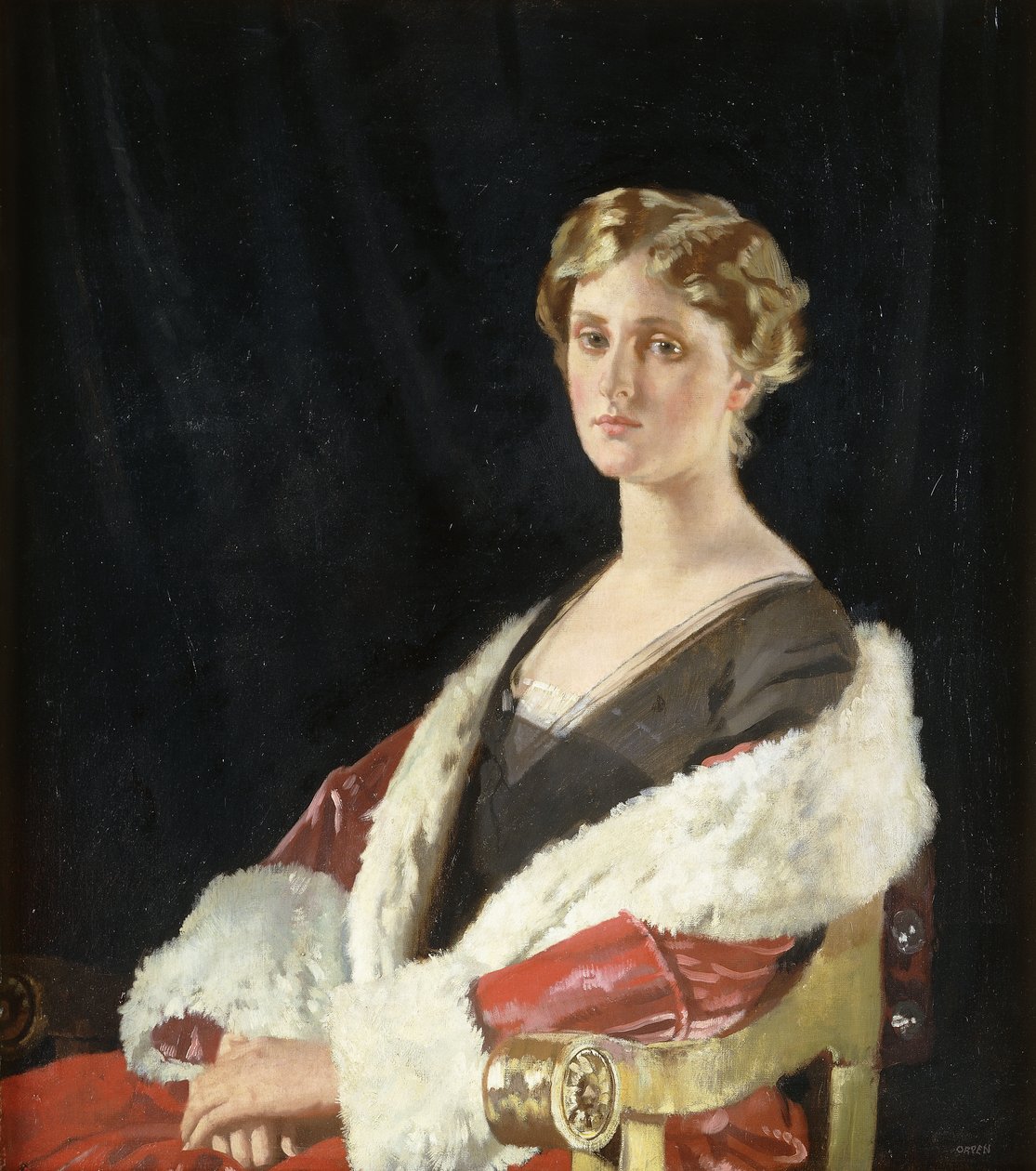 Retrato de Nancy Oswald Smith, sentada medio cuerpo, con un abrigo rojo forrado de piel, 1915 de William Orpen
