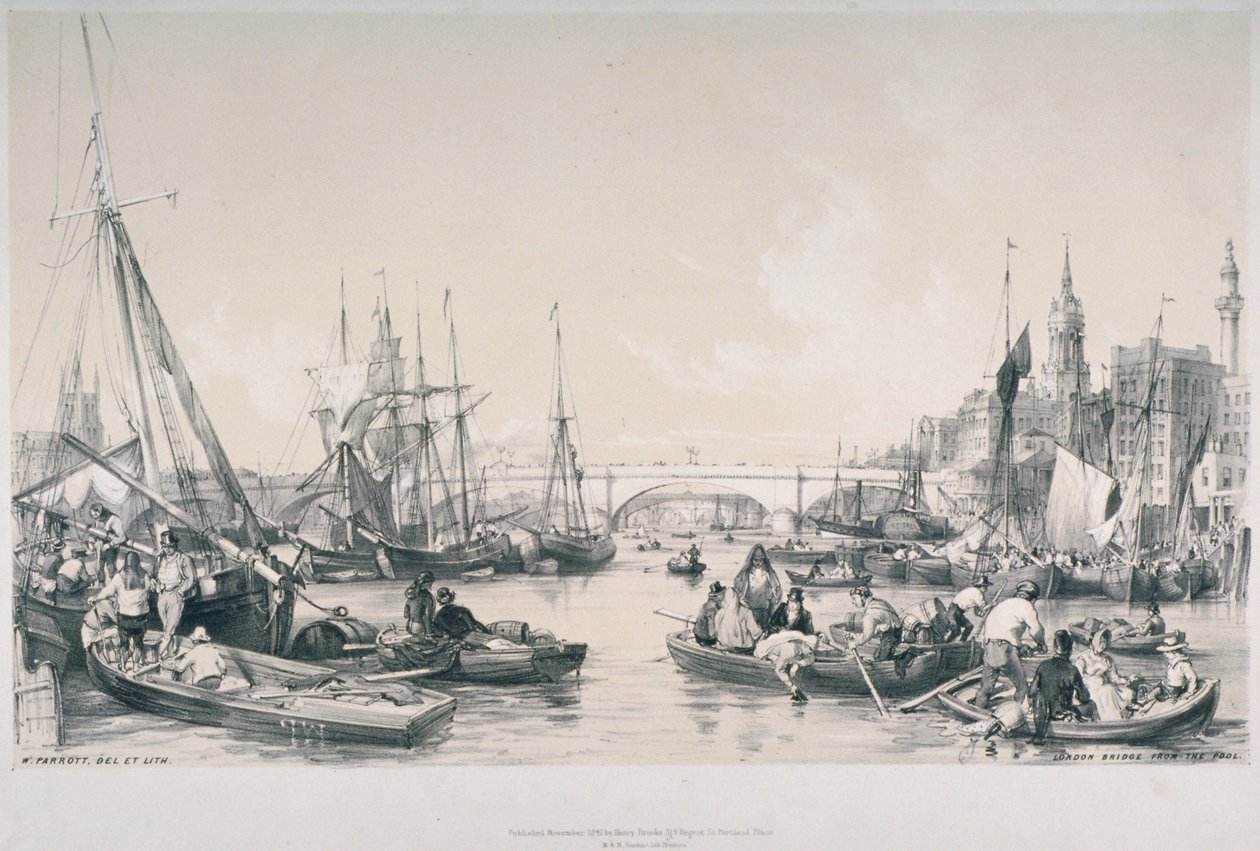 Vista del nuevo Puente de Londres desde el estanque del río Támesis, 1841 de William Parrott