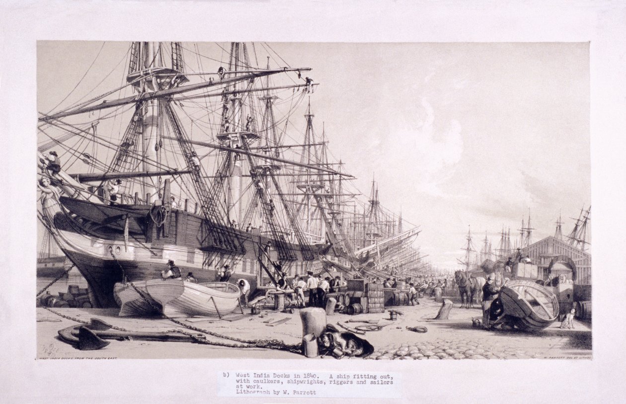 Muelles de las Indias Occidentales, Poplar, Londres, 1830 de William Parrott