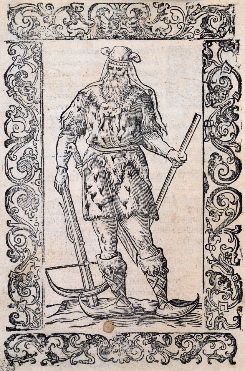 Hombre con vestido de piel, ballesta y zapatos con punta torcida (ejemplo de esquís rudimentarios), ilustración atribuida a Cesare Vecellio (1521-1601), publicada en Italia en el siglo XVI de Nicolas Toussaint Charlet