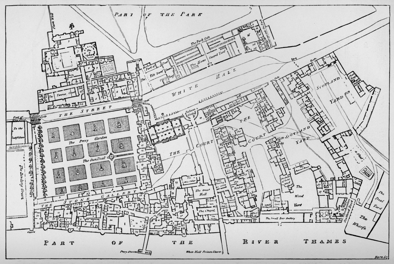 Copia reducida del plano de Fisher del Palacio Real de Whitehall, tomado en el reinado de Carlos I de William Patten