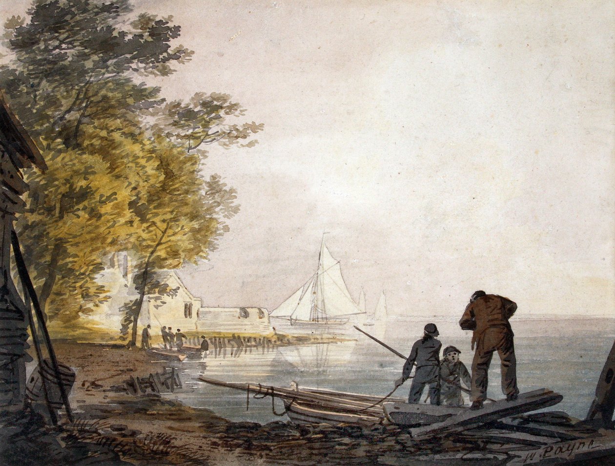 Castillo de Cowes con barqueros en la orilla (acuarela) de William Payne
