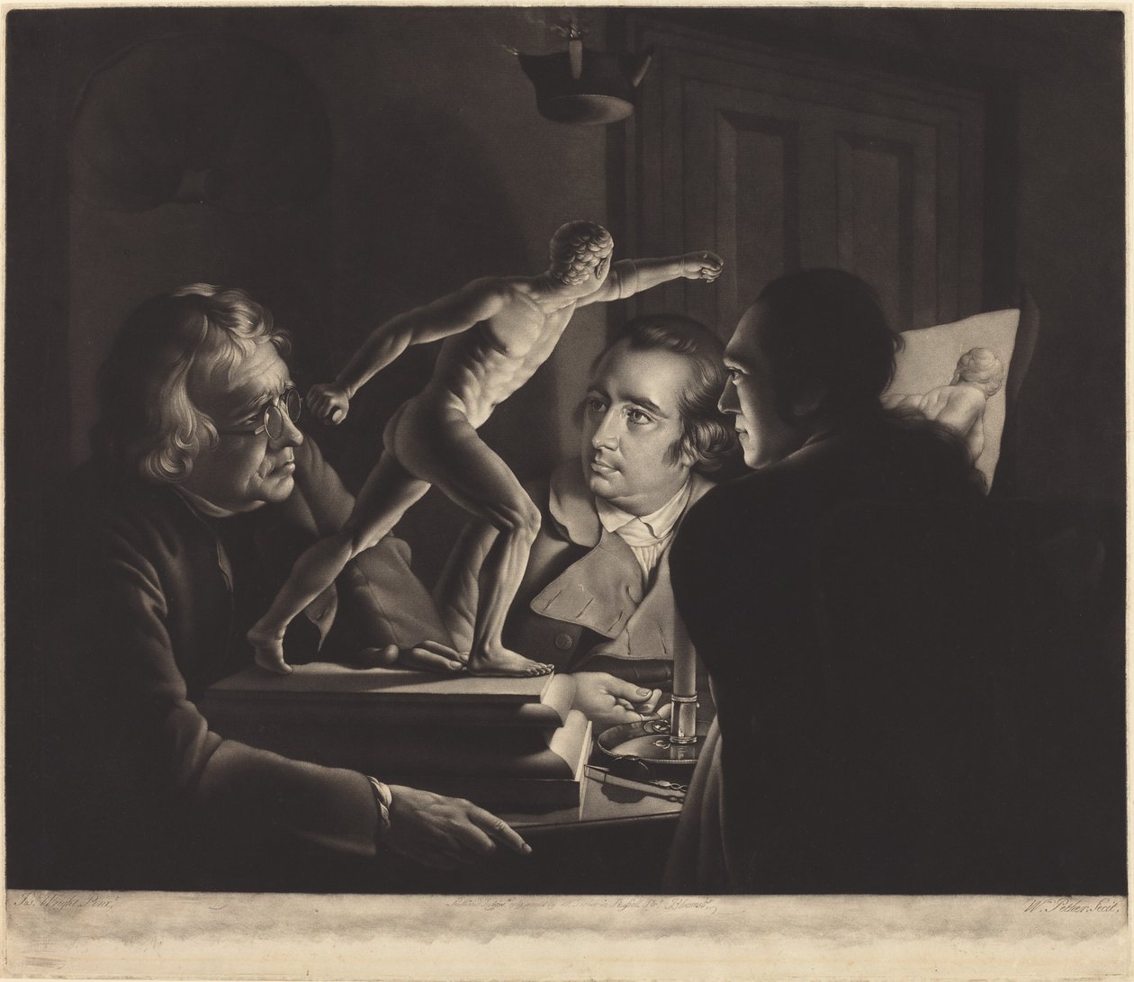 Tres personas viendo al Gladiador a la luz de las velas de William Pether after Joseph Wright